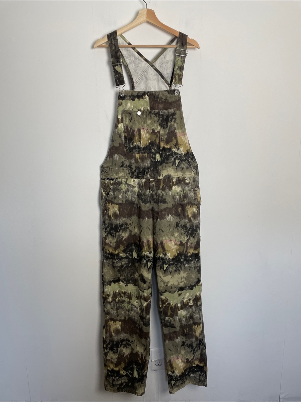 H&M Tie-Dye Green Camo Utility Bib Overalls Cargo Dungarees Men's M Jeans Style